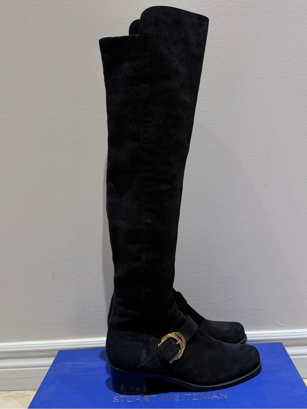 Stuart Weitzman Black Suede Over-the-Knee Boots with Buckle